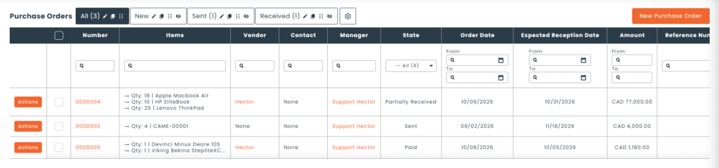 Purchase order list